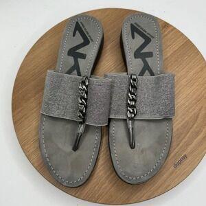 Anne Klein Gray Chain‎ Strap Slide Sandals Womens Size7M Fabric Upper